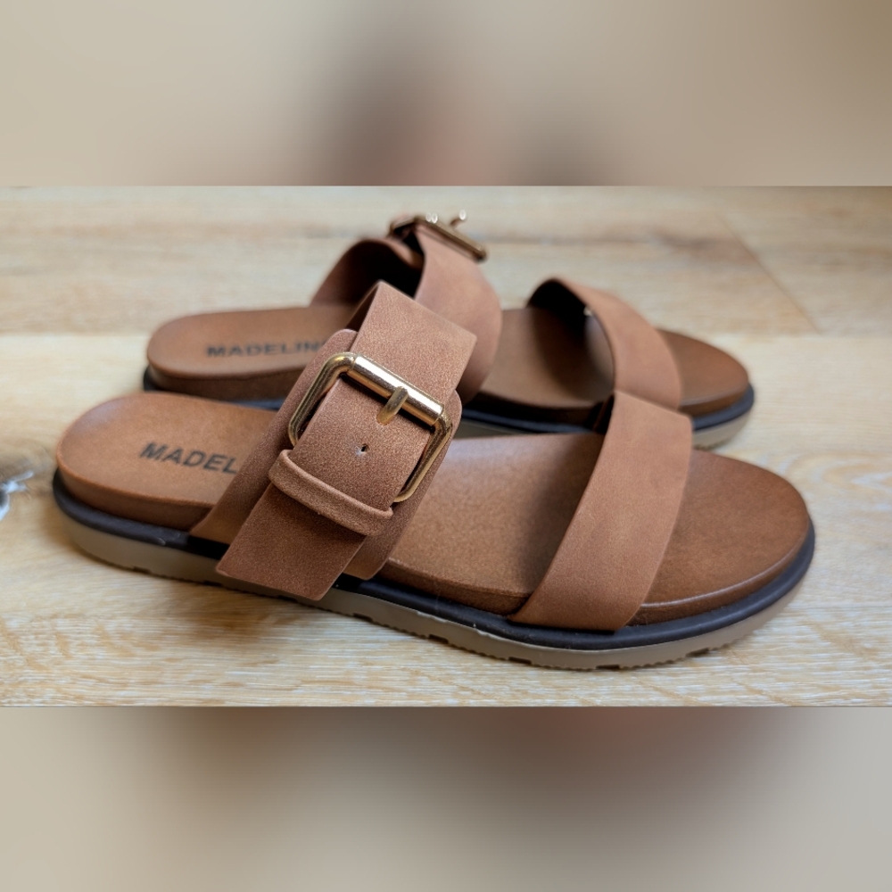 Madeline Cognac Slide Sandals with Gold Buckle